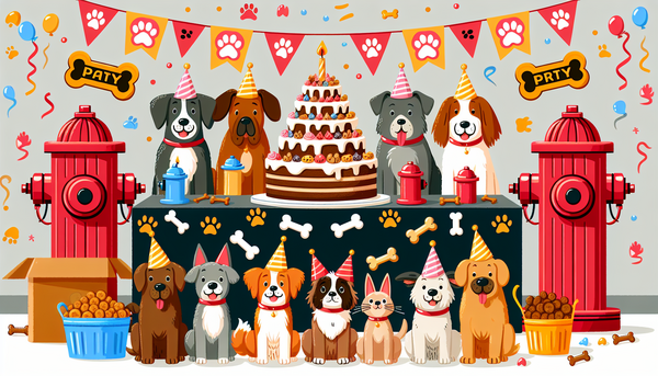 A festive dog birthday party setup with themed decorations, a dog-friendly cake, and several dogs wearing party hats, gathered around in celebration.