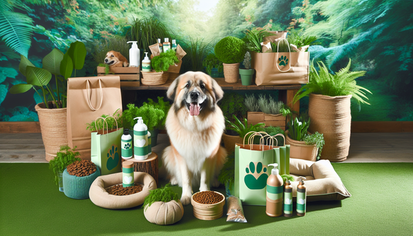 A collection of eco-friendly dog care products and a dog engaging in sustainable practices, like using biodegradable waste bags, in a lush, green setting.