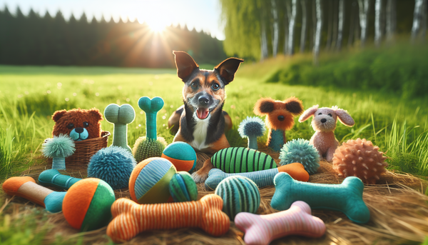 An assortment of eco-friendly dog toys made from sustainable materials, with a happy dog engaging with the toys in a green, eco-conscious setting.