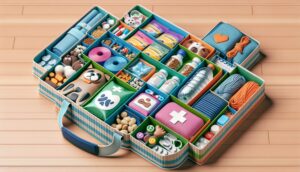 A well-organized emergency kit for pets, including food, water, medications, and comfort items, with a focus on preparedness and safety.