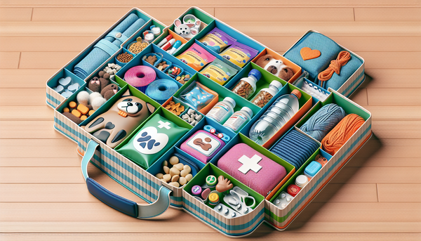 A well-organized emergency kit for pets, including food, water, medications, and comfort items, with a focus on preparedness and safety.