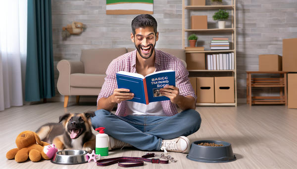 A happy first-time dog owner learning how to care for their new pet, with basic training books and pet care items spread around, signaling the start of a new journey.