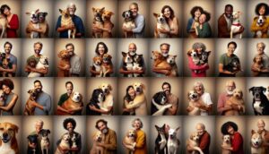 Portraits of rescued dogs with their new families, capturing moments of joy and gratitude, to inspire potential adopters.
