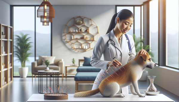 A serene veterinary clinic offering both conventional and holistic treatments, with a vet gently examining a dog using integrative techniques, symbolizing a comprehensive approach to health.