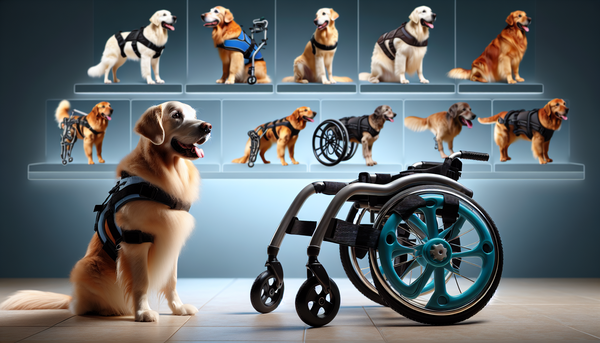 Various dog mobility aids, such as wheelchairs and harnesses, displayed alongside a dog demonstrating use, emphasizing aid and comfort.
