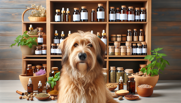 A collection of natural remedies such as herbs, oils, and supplements, displayed alongside a peaceful dog, emphasizing holistic health care.