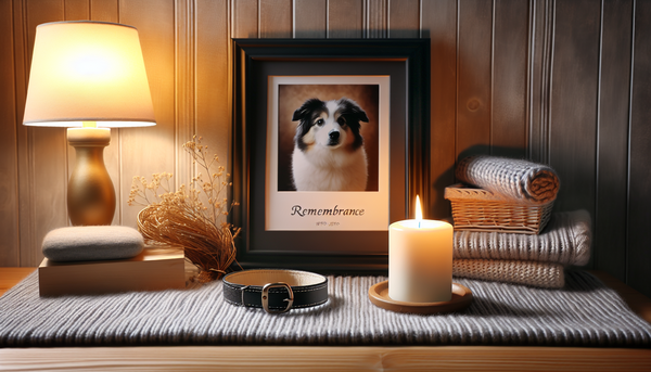 A serene, comforting space with symbols of remembrance for a lost pet, such as a framed photo, a collar, and a candle, focusing on healing and honor.