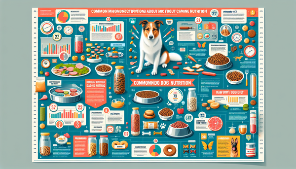 A visually engaging infographic dispelling common canine nutrition myths, with factual data and images of healthy dog food options.