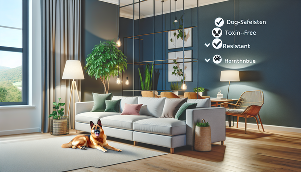 A modern, well-lit living room that combines style and pet-friendliness, featuring dog-safe furniture and pet-friendly plants, with a dog comfortably lounging.