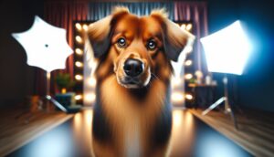 A dog posing for a photograph in a well-lit setting, with the camera's perspective focused on capturing the perfect shot, showcasing the beauty and personality of the pet.
