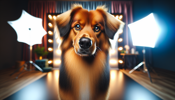 A dog posing for a photograph in a well-lit setting, with the camera's perspective focused on capturing the perfect shot, showcasing the beauty and personality of the pet.