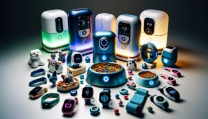 An array of the latest pet tech gadgets displayed, highlighting smart feeders, wearable trackers, and interactive toys, emphasizing innovation.