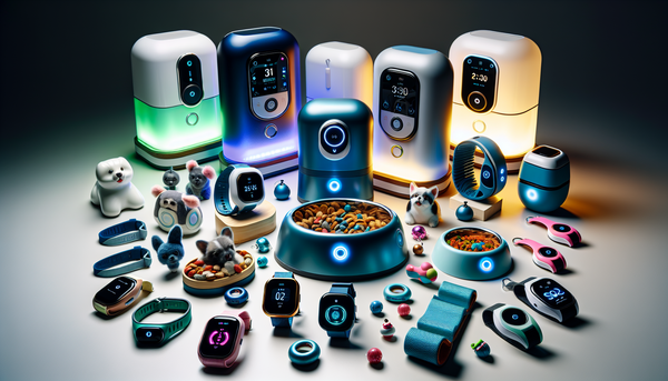 An array of the latest pet tech gadgets displayed, highlighting smart feeders, wearable trackers, and interactive toys, emphasizing innovation.