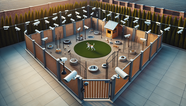 A secured backyard with visible safety measures like fencing, locks, and surveillance cameras, illustrating a safe environment for a dog playing securely.