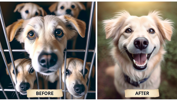 Before and after photos of rescue dogs, showcasing their transformation from shelter life to thriving in their new homes, capturing moments of joy and adoption.