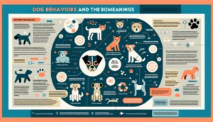 An infographic illustrating different dog behaviors and their meanings, such as barking, wagging, and posturing, with scientific explanations for each.