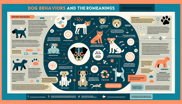 An infographic illustrating different dog behaviors and their meanings, such as barking, wagging, and posturing, with scientific explanations for each.