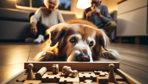 A senior dog engaging in gentle, enriching activities like sniffing games and easy puzzles, showcasing care and happiness in its golden years.