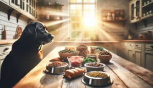 A serene kitchen setting with a variety of nutritious dog foods laid out, alongside a senior dog eating healthily, emphasizing proper nutrition for aging pets.