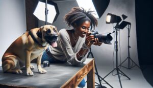 A photographer setting up a heartwarming photo shoot with a dog, showcasing various poses, lighting, and backdrops designed to highlight the dog's personality.