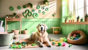 A dog in a green, eco-friendly living space, surrounded by sustainable pet products like biodegradable toys and organic food bowls.
