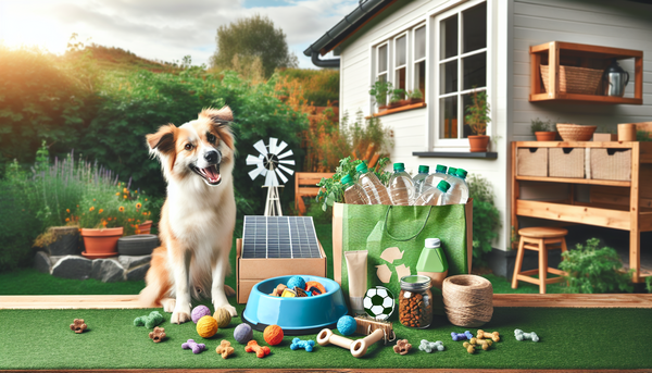 Eco-friendly pet care items and a dog in a sustainable, green living environment, showcasing how pets and owners can live in harmony with nature.