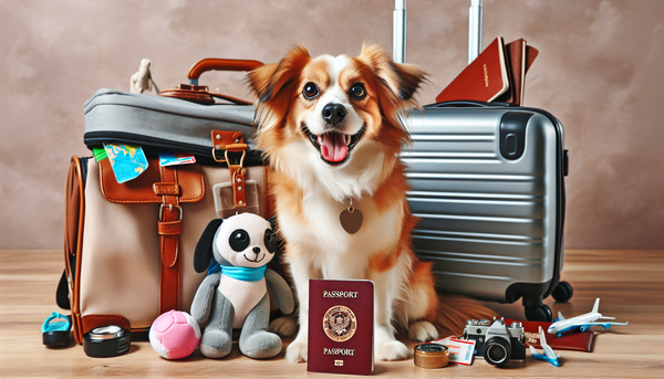 A happy dog prepared for travel with luggage, a passport, and travel accessories, illustrating the excitement and readiness for adventure.