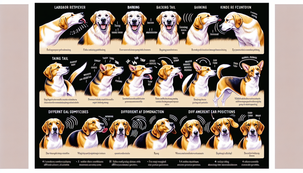 A series of images showing dogs displaying various communication cues, such as barking, tail wagging, and ear positions, with annotations explaining their meanings.