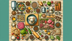 Various dog-friendly treats and meals being prepared in a kitchen, highlighting natural ingredients and a wholesome approach to pet snacks.