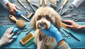 A close-up of a dog being groomed, highlighting the tools and techniques used for maintaining a healthy, shiny coat.