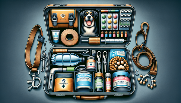 An open emergency kit filled with dog safety essentials such as water, food, medicine, and a leash, with an emphasis on preparedness.