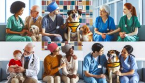 A dog wearing a therapy pet vest, engaging gently with individuals in a healthcare setting, demonstrating calmness and comfort.