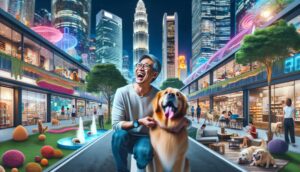 A dog and its owner happily navigating the hustle and bustle of city life, showcasing dog-friendly urban spaces and activities.